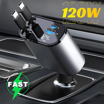 120/66W 4 in 1 Retractable Car Charger Mobile Phone USB PD Type C Cable for Iphone Fast Charge Cord Cigarette Lighter QC Adapter