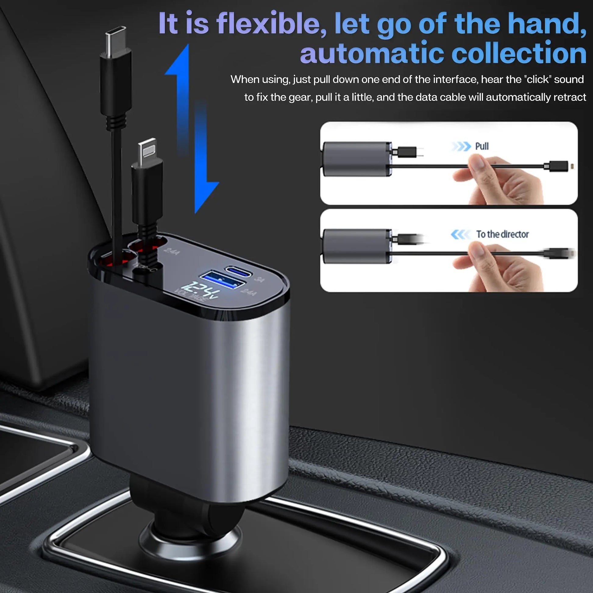 120/66W 4 in 1 Retractable Car Charger Mobile Phone USB PD Type C Cable for Iphone Fast Charge Cord Cigarette Lighter QC Adapter