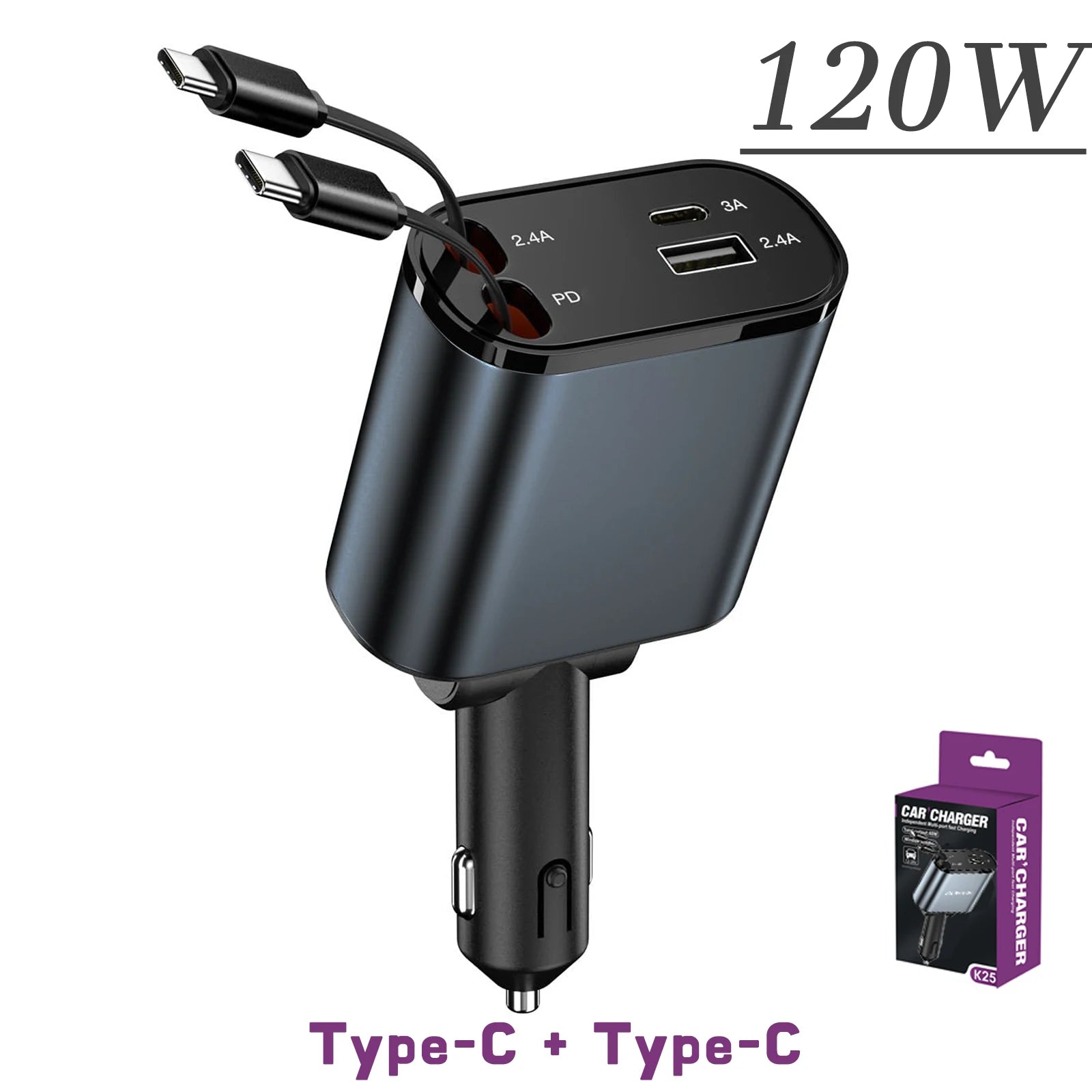 120/66W 4 in 1 Retractable Car Charger Mobile Phone USB PD Type C Cable for Iphone Fast Charge Cord Cigarette Lighter QC Adapter